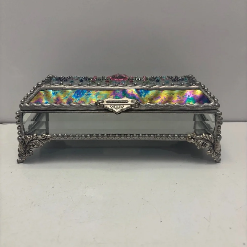 Jewel Encrusted Treasure Jewelry Box, Stained Glass, Desk Accessory, Trinket Box